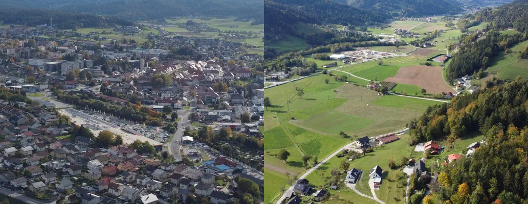 Fotografski kolaž mesta Slovenj Gradec in okoliškega podeželja